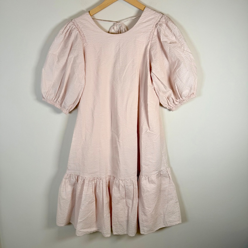 Levete Room Seersucker Puff Sleeve Mini Dress Small Pink Back Tie‎ Ruffle Hem